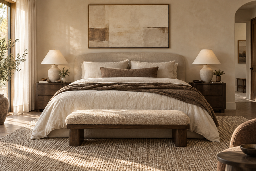 Ceramic bedside lamp in a calm bedroom