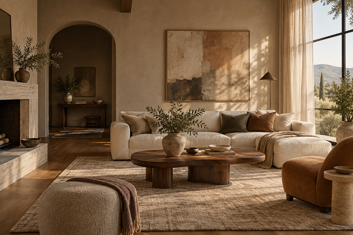Warm living room with an ivory sofa, walnut coffee table and textured rug