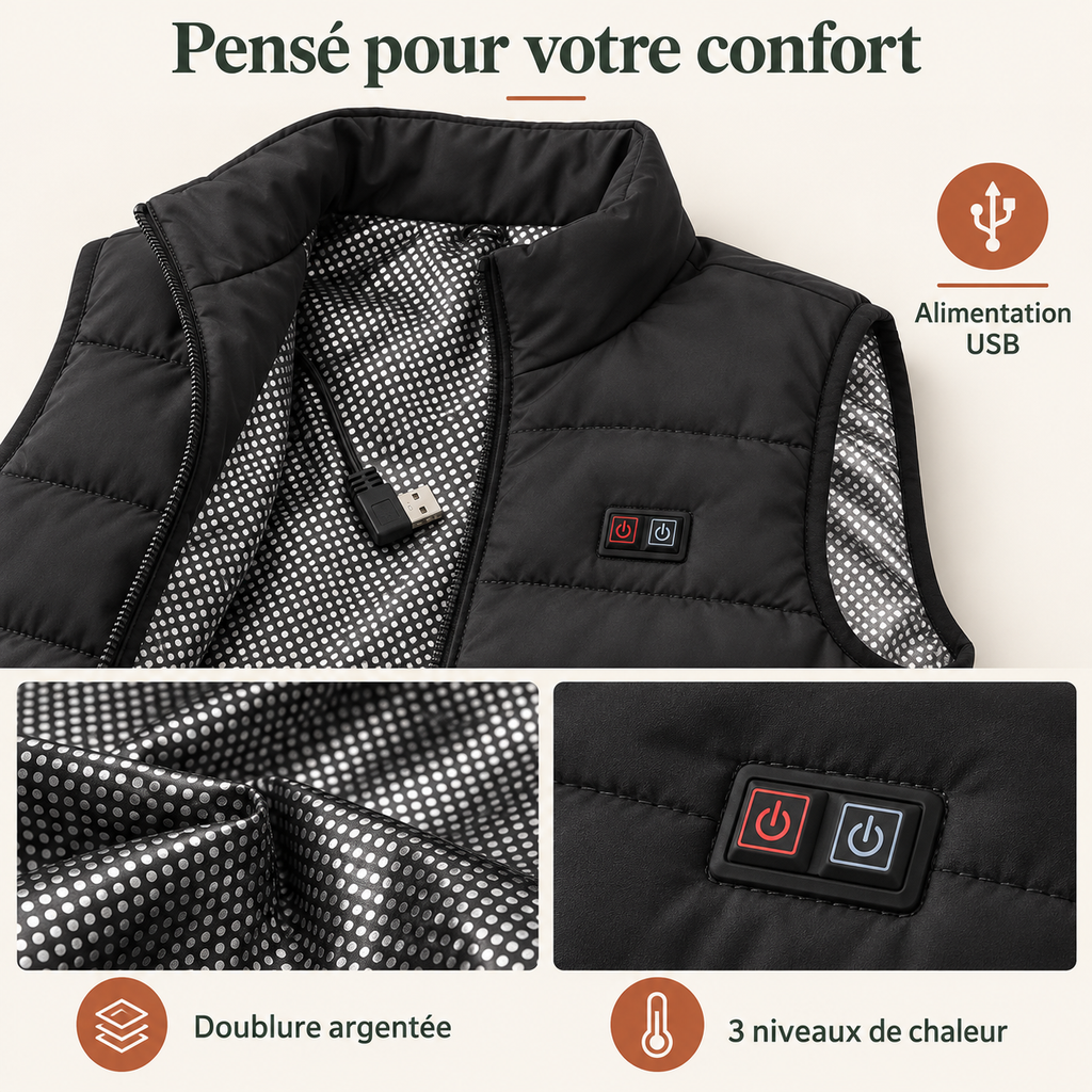 Gilet Chauffant Matelassé Homme et Femme – 9 Zones, 3 Niveaux de Chaleur, USB | Aguavena