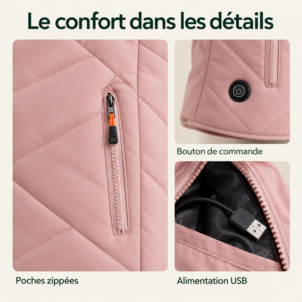 Gilet Chauffant Femme à Capuche – 11 Zones de Chauffe USB | Aguavena