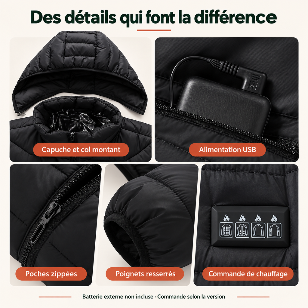 Veste Chauffante Électrique Unisexe USB – Chauffage Multizone Jusqu’à 26 Zones pour l’Hiver | Aguavena