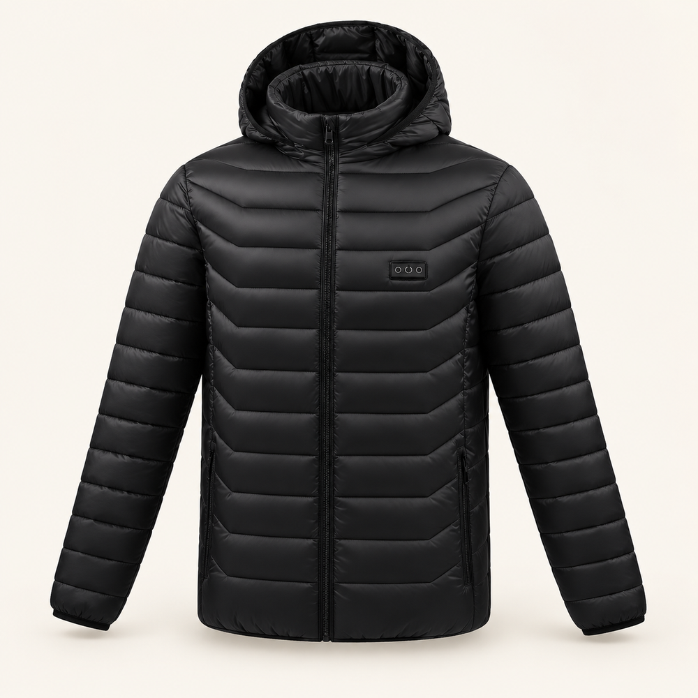 Veste Chauffante 31 Zones Homme et Femme – Doudoune Noire à Capuche USB, 3 Niveaux de Chaleur | Aguavena