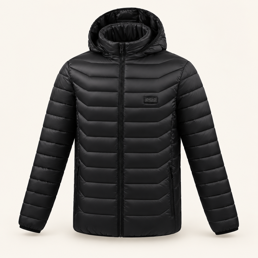 Veste Chauffante 31 Zones Homme et Femme – Doudoune Noire à Capuche USB, 3 Niveaux de Chaleur | Aguavena