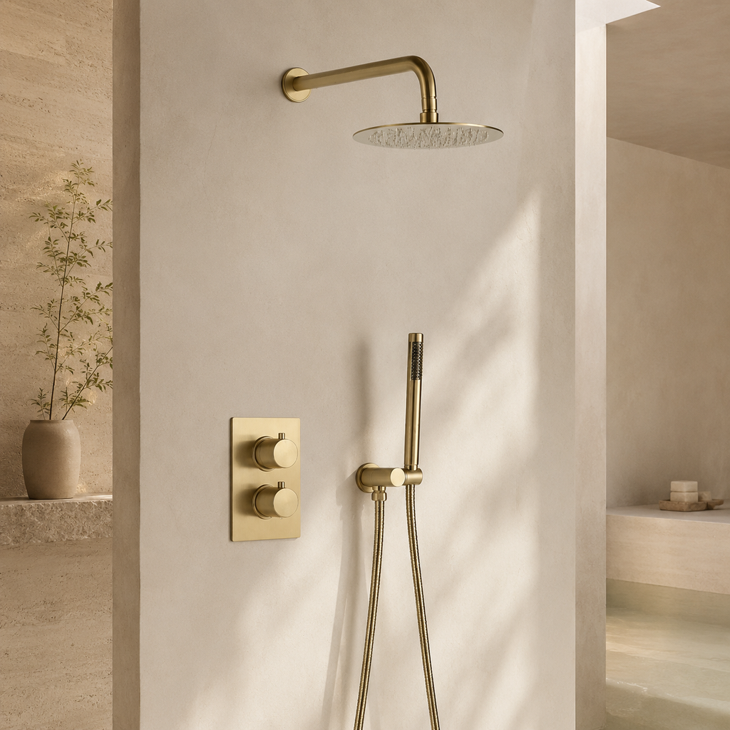 Colonne de Douche Thermostatique Encastrée Or Brossé – Système Douche Design avec Pommeau Pluie et Douchette