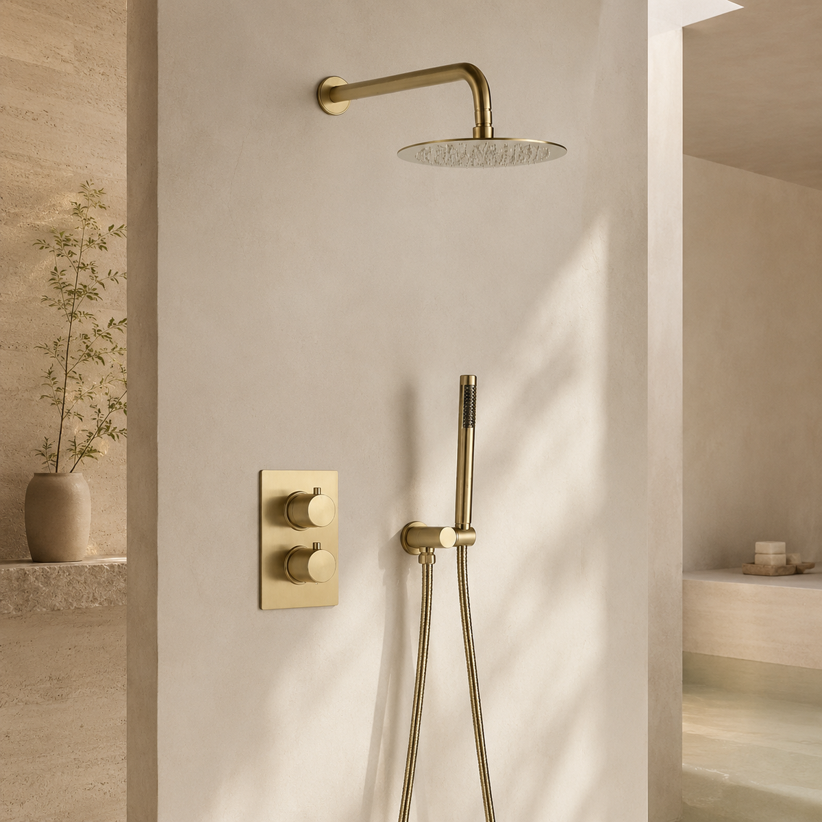 Colonne de Douche Thermostatique Encastrée Or Brossé – Système Douche Design avec Pommeau Pluie et Douchette