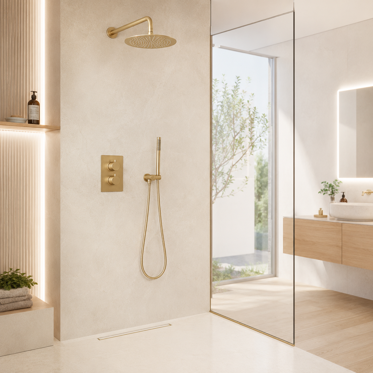 Colonne de Douche Thermostatique Encastrée Or Brossé – Système Douche Design avec Pommeau Pluie et Douchette