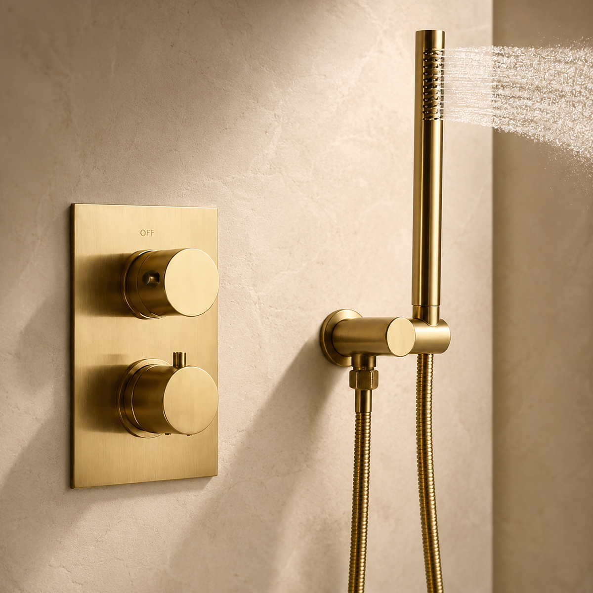 Colonne de Douche Thermostatique Encastrée Or Brossé – Système Douche Design avec Pommeau Pluie et Douchette