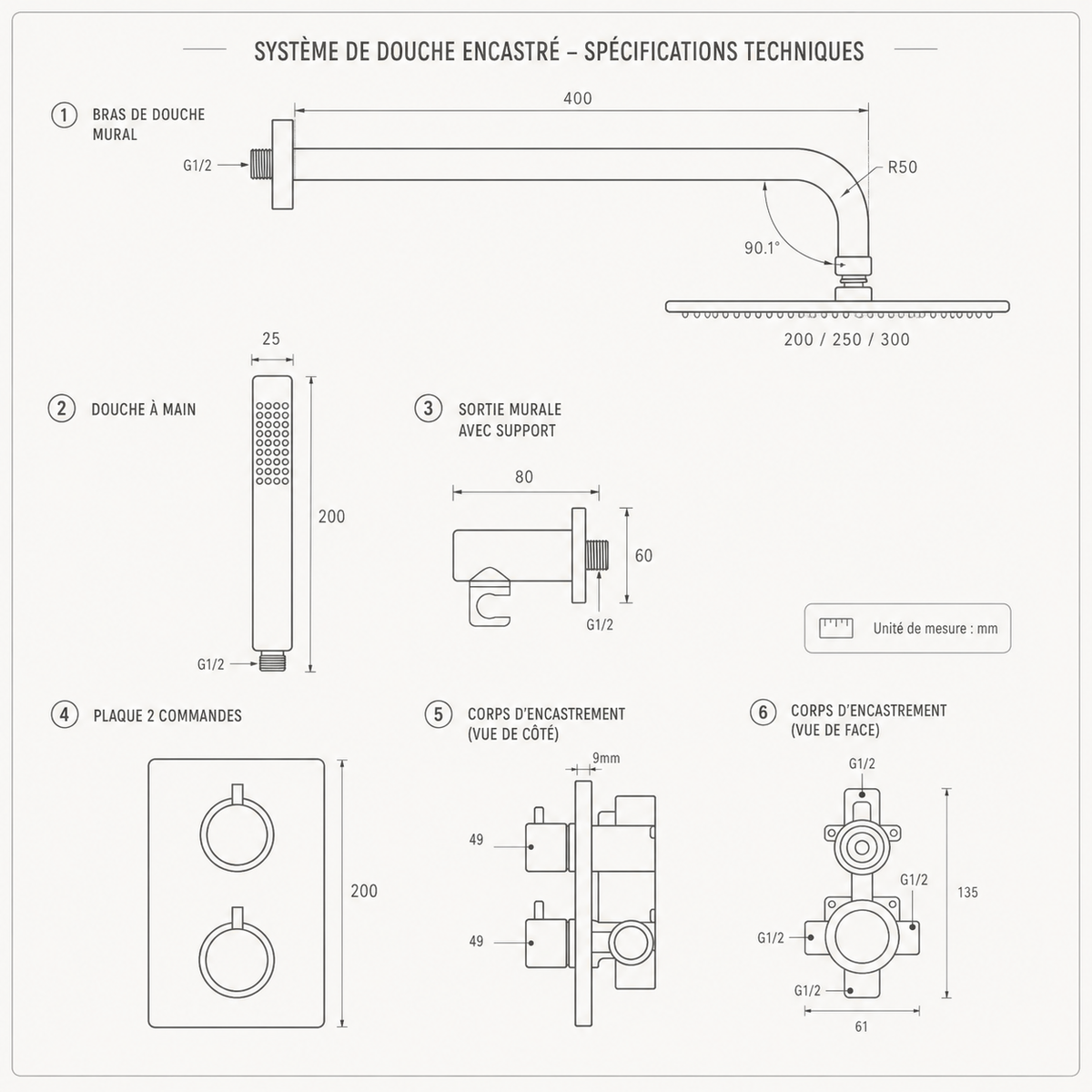 Colonne de Douche Thermostatique Encastrée Or Brossé – Système Douche Design avec Pommeau Pluie et Douchette