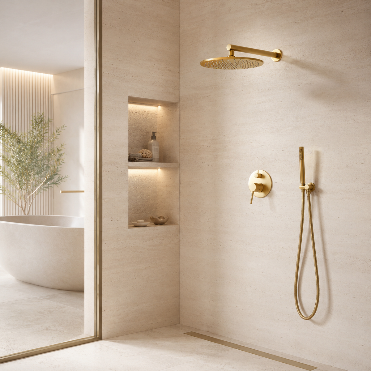 Colonne de Douche Or Brossé – Ensemble Douche Design avec Pommeau Pluie et Douchette