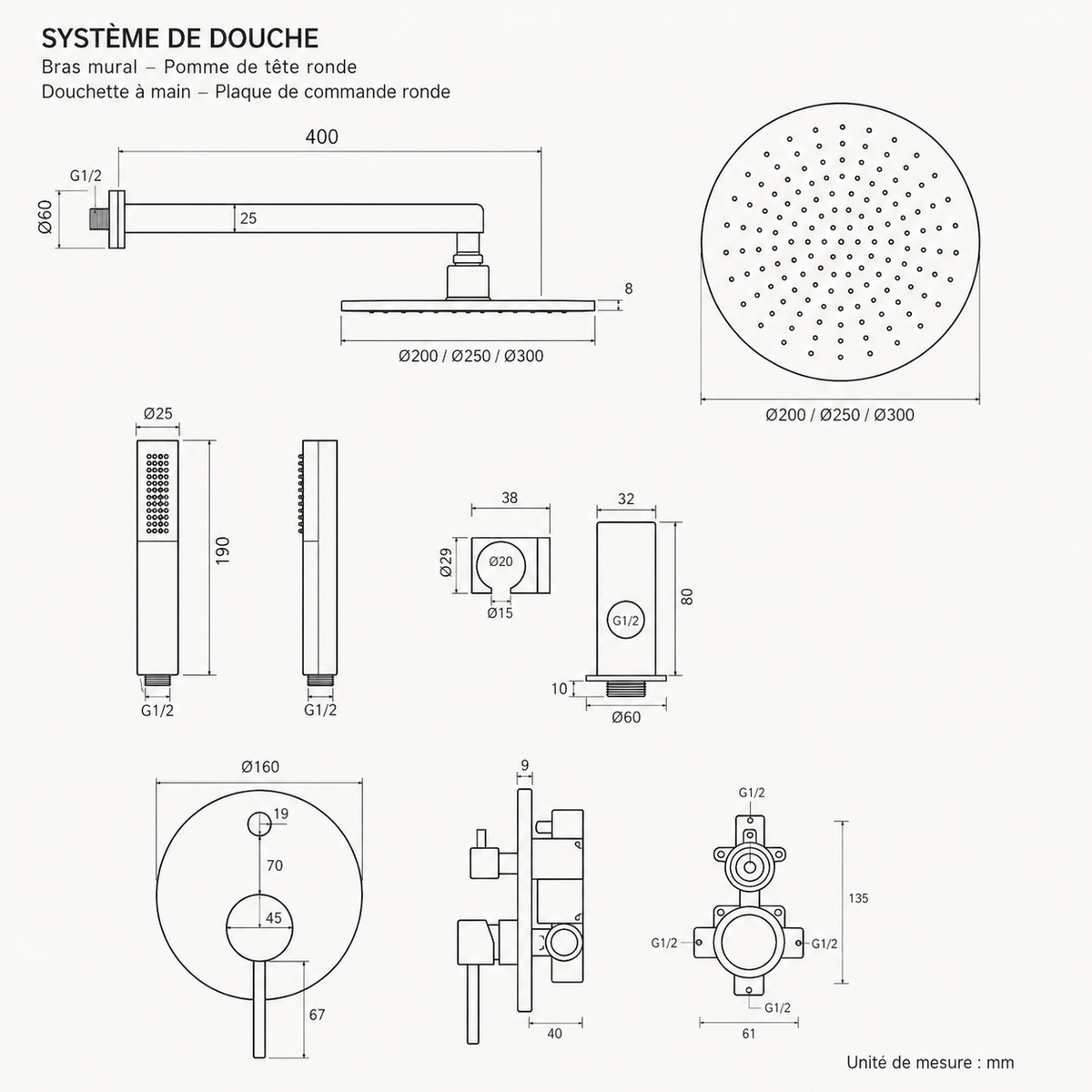 Colonne de Douche Or Brossé – Ensemble Douche Design avec Pommeau Pluie et Douchette