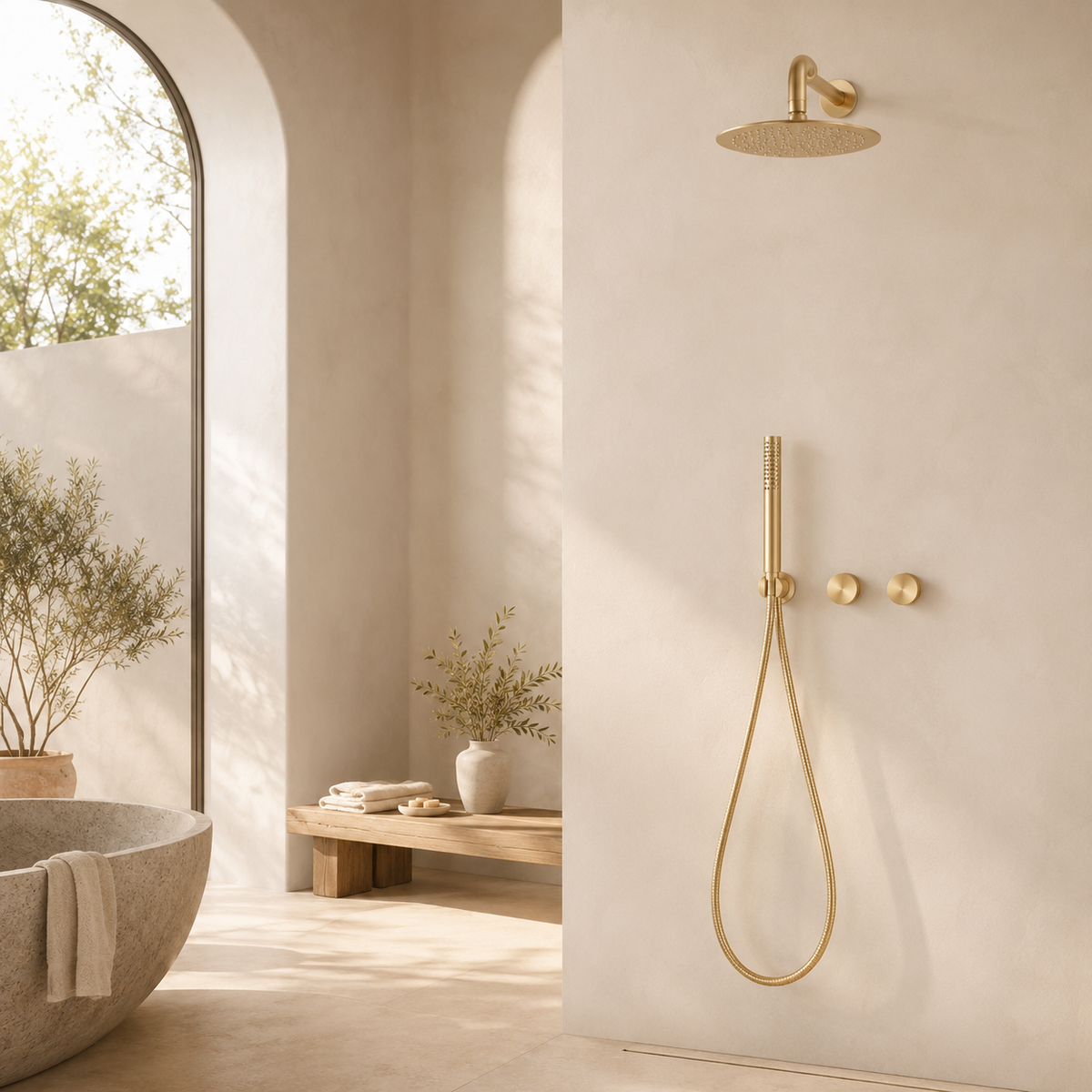 Colonne de Douche Encastrée Or Brossé – Système Douche Design avec Pommeau Pluie et Douchette