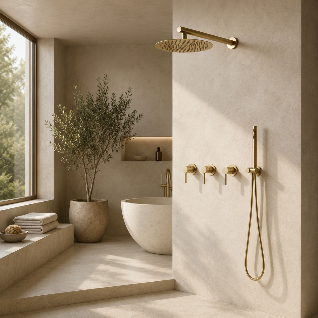 Colonne de Douche Encastrée Or Brossé – Système de Douche Premium avec Pommeau Effet Pluie et Douchette