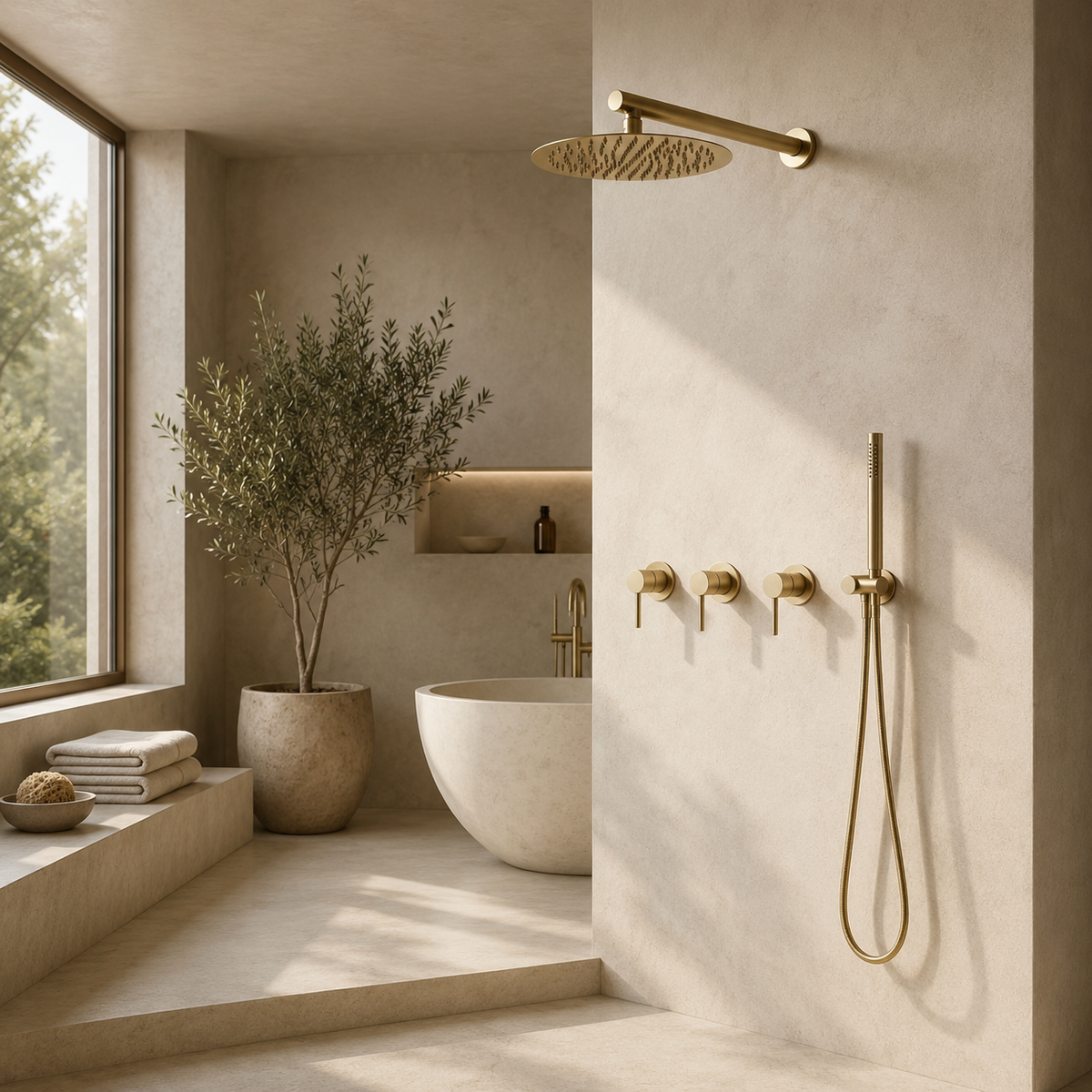 Colonne de Douche Encastrée Or Brossé – Système de Douche Premium avec Pommeau Effet Pluie et Douchette