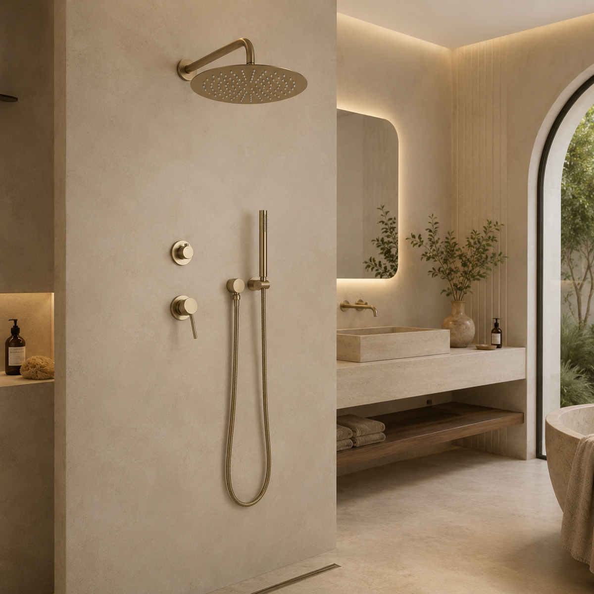 Colonne de Douche Encastrée Or Brossé – Kit Douche Luxe avec Ciel de Pluie et Douchette Design