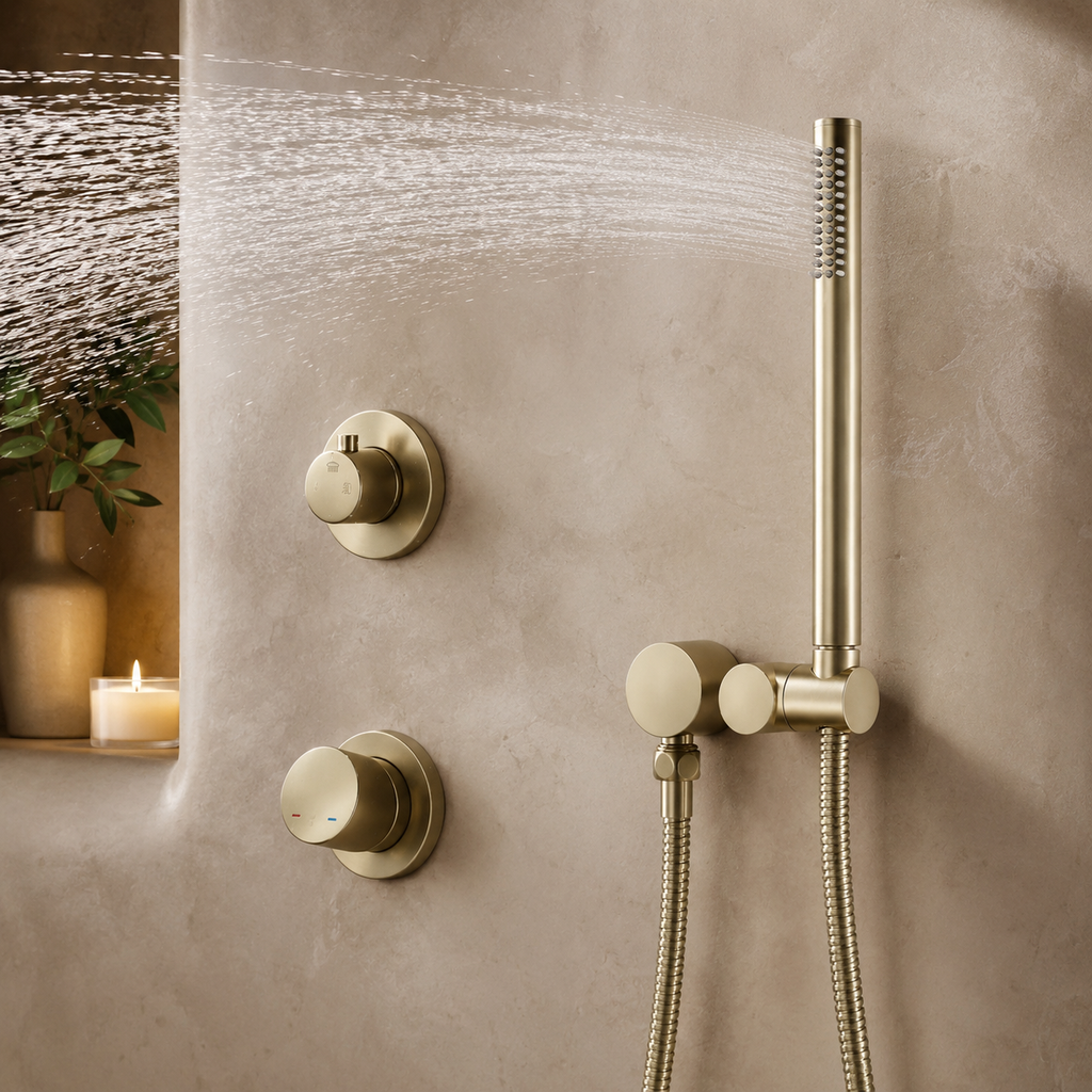 Colonne de Douche Encastrée Or Brossé – Kit Douche Luxe avec Ciel de Pluie et Douchette Design