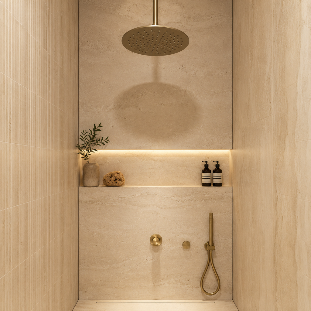 Colonne de Douche Encastrée Or Brossé – Kit Douche Luxe avec Ciel de Pluie et Douchette Design