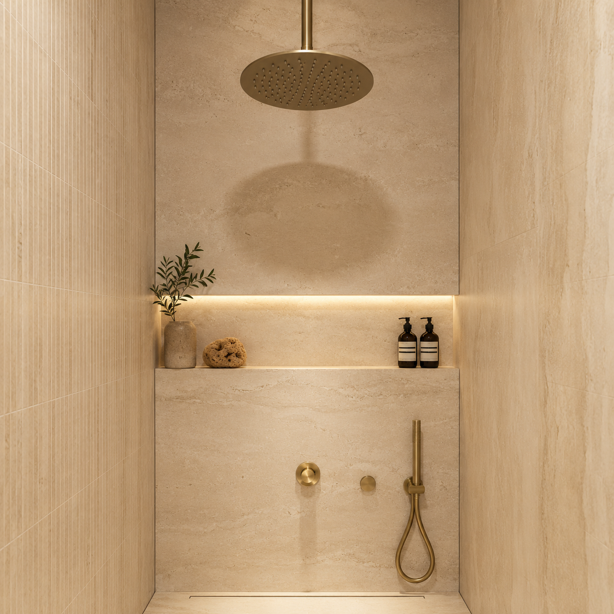 Colonne de Douche Encastrée Or Brossé – Kit Douche Luxe avec Ciel de Pluie et Douchette Design