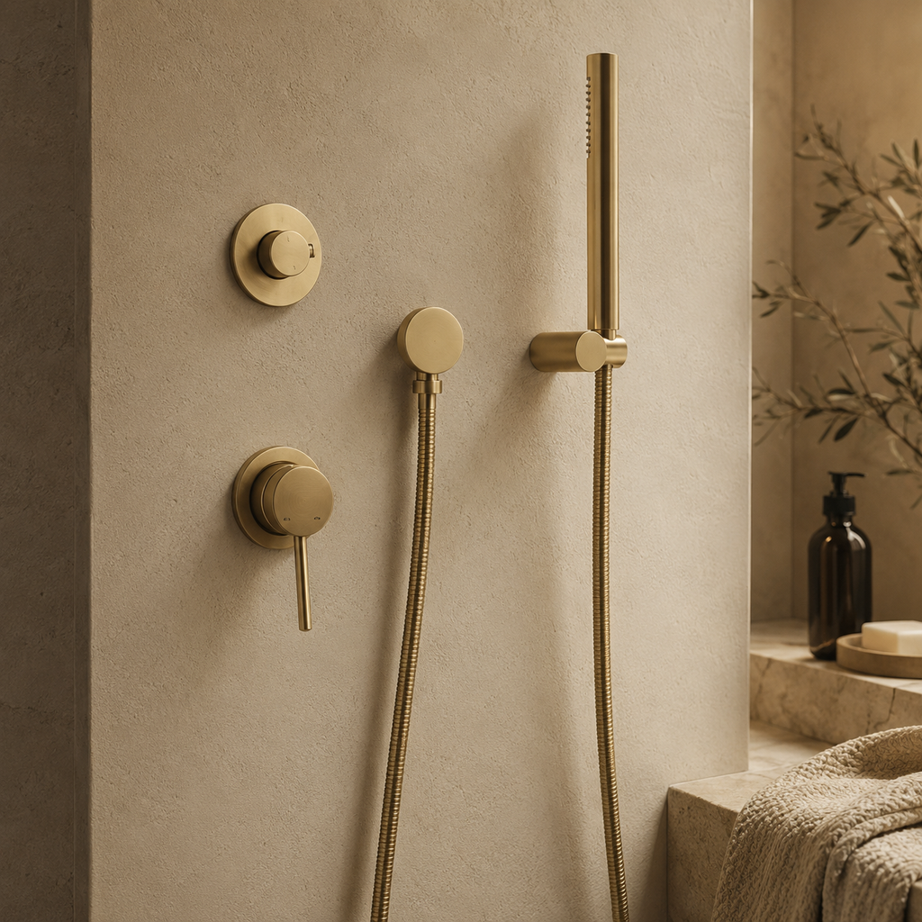 Colonne de Douche Encastrée Or Brossé – Kit Douche Luxe avec Ciel de Pluie et Douchette Design