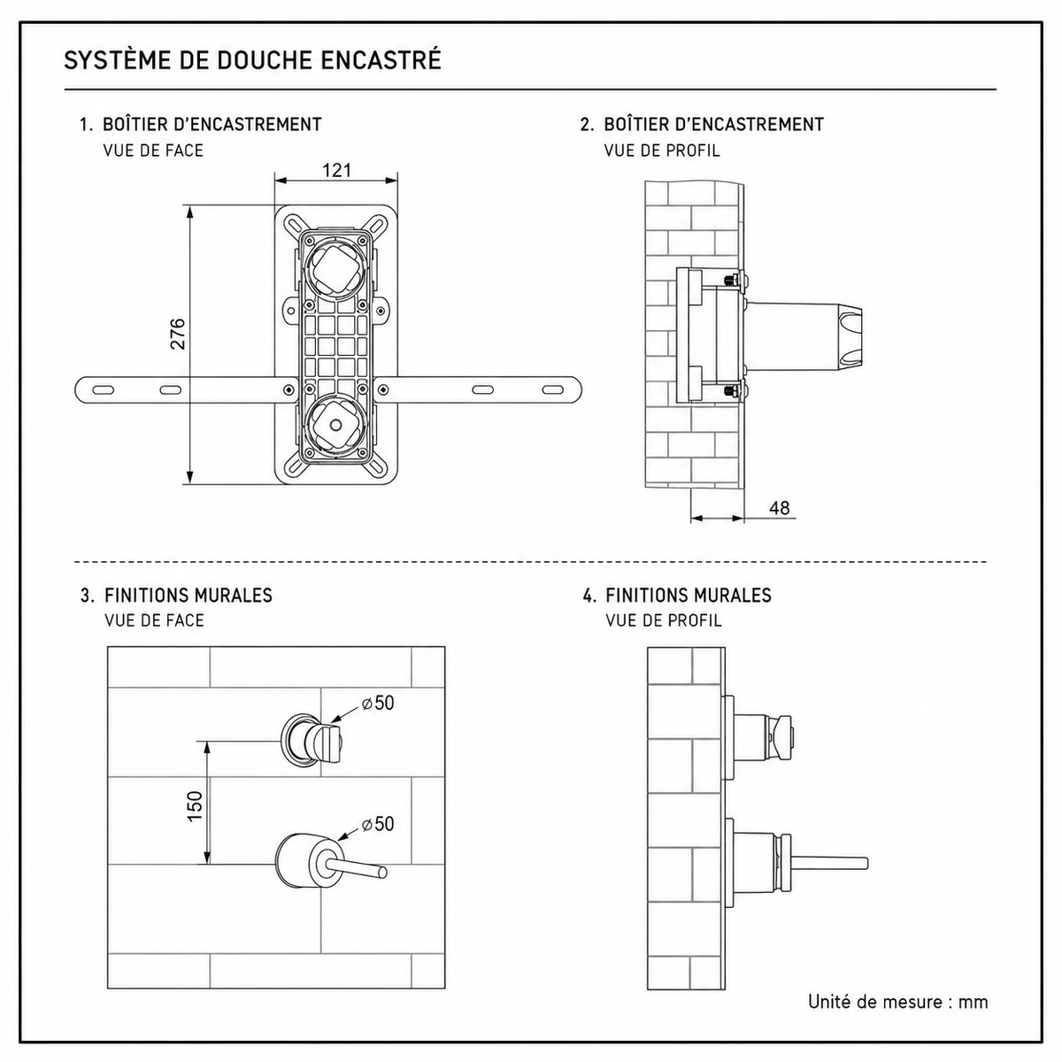 Colonne de Douche Encastrée Or Brossé – Kit Douche Luxe avec Ciel de Pluie et Douchette Design