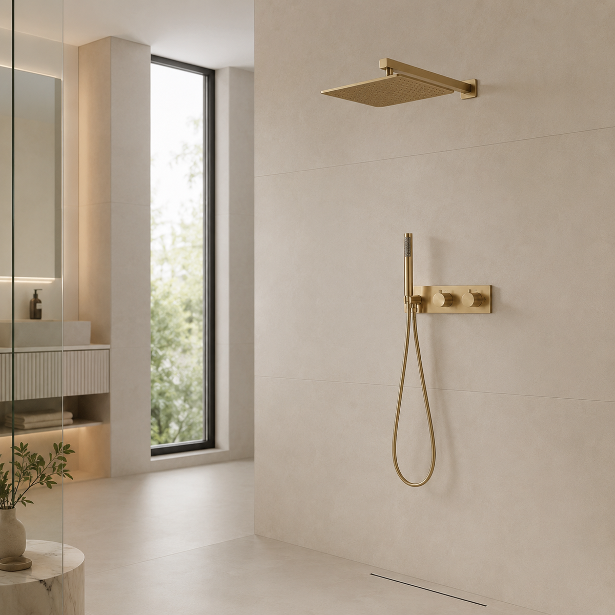 Colonne de Douche Thermostatique Encastrée Or Brossé – Design Premium pour Salle de Bain Moderne