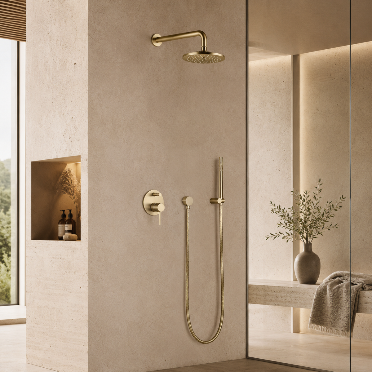 Colonne de Douche Encastrée Or Brossé – Design Mural Premium pour Salle de Bain Moderne
