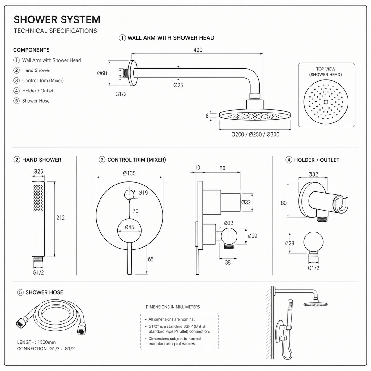 Colonne de Douche Encastrée Or Brossé – Design Mural Premium pour Salle de Bain Moderne