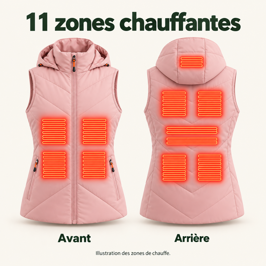 Gilet Chauffant Femme à Capuche – 11 Zones de Chauffe USB | Aguavena