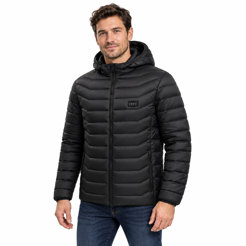 Veste Chauffante 31 Zones Homme et Femme – Doudoune Noire à Capuche USB, 3 Niveaux de Chaleur | Aguavena