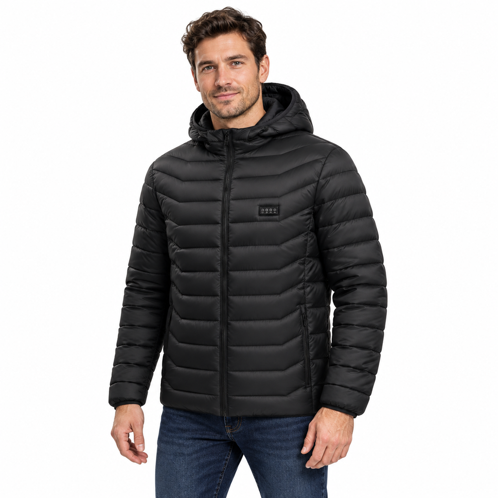 Veste Chauffante 31 Zones Homme et Femme – Doudoune Noire à Capuche USB, 3 Niveaux de Chaleur | Aguavena