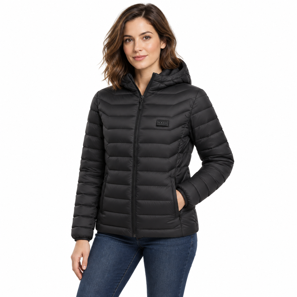 Veste Chauffante 31 Zones Homme et Femme – Doudoune Noire à Capuche USB, 3 Niveaux de Chaleur | Aguavena