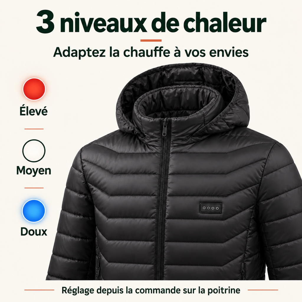 Veste Chauffante 31 Zones Homme et Femme – Doudoune Noire à Capuche USB, 3 Niveaux de Chaleur | Aguavena