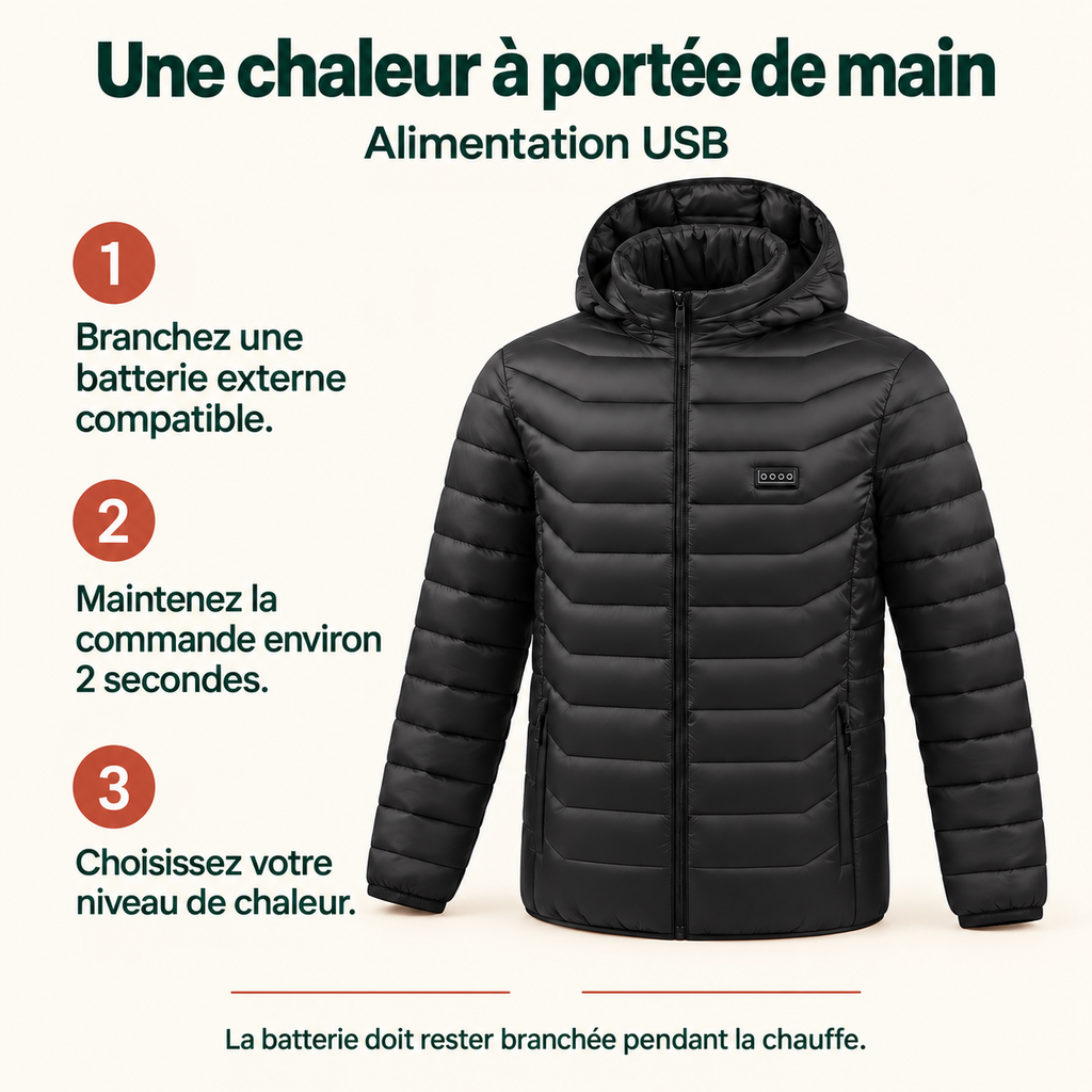 Veste Chauffante 31 Zones Homme et Femme – Doudoune Noire à Capuche USB, 3 Niveaux de Chaleur | Aguavena