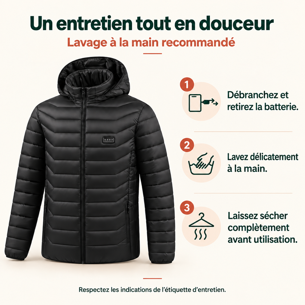 Veste Chauffante 31 Zones Homme et Femme – Doudoune Noire à Capuche USB, 3 Niveaux de Chaleur | Aguavena