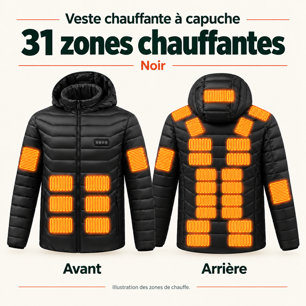 Veste Chauffante 31 Zones Homme et Femme – Doudoune Noire à Capuche USB, 3 Niveaux de Chaleur | Aguavena
