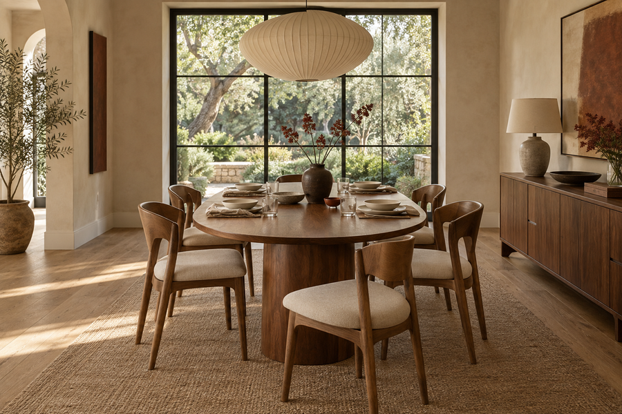 Walnut dining table and upholstered chairs in a sunlit dining room