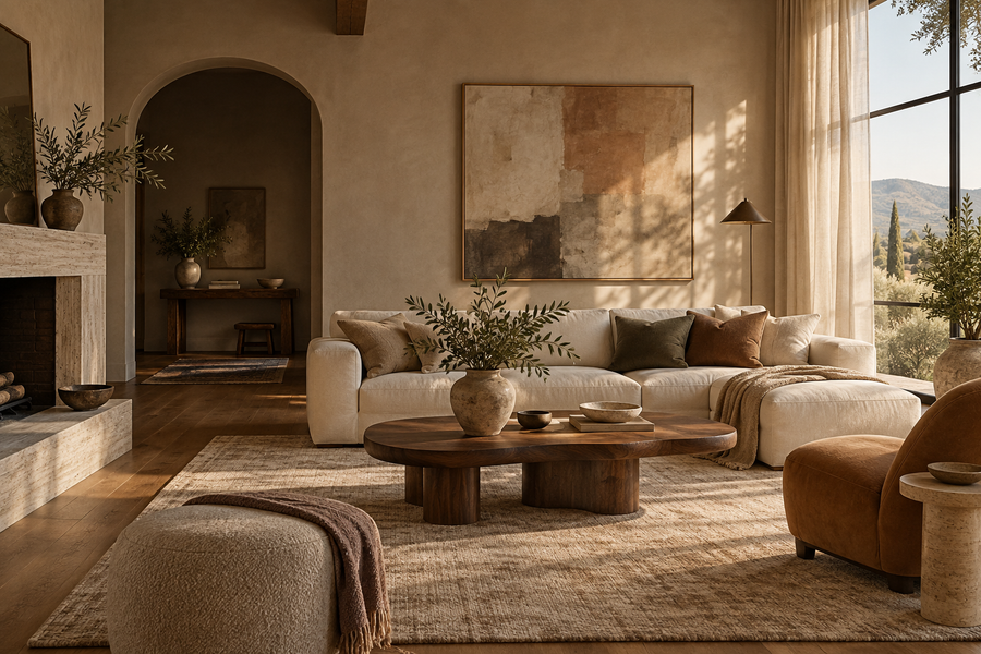 Warm living room with an ivory sofa, walnut coffee table and textured rug