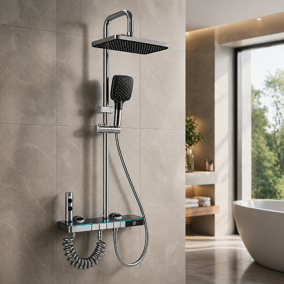 Colonne de douche thermostatique LED – Verre trempé 3 fonctions