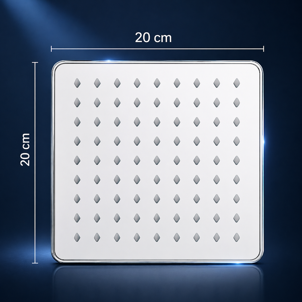 Tête de douche pluie carrée inox 20x20cm – 100 buses silicone