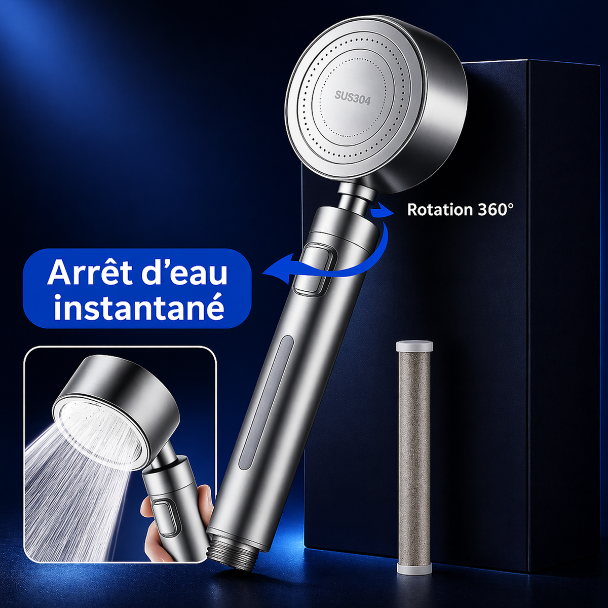 Pommeau de douche inox 304 – Filtre intégré & bouton stop
