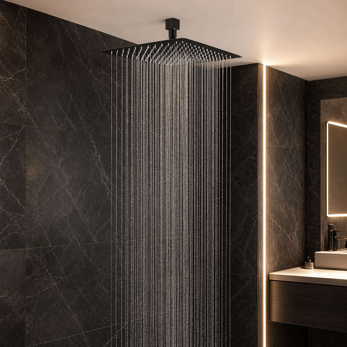 Tête de douche carrée Néro inox 20x20cm – Ultra-fine 2mm