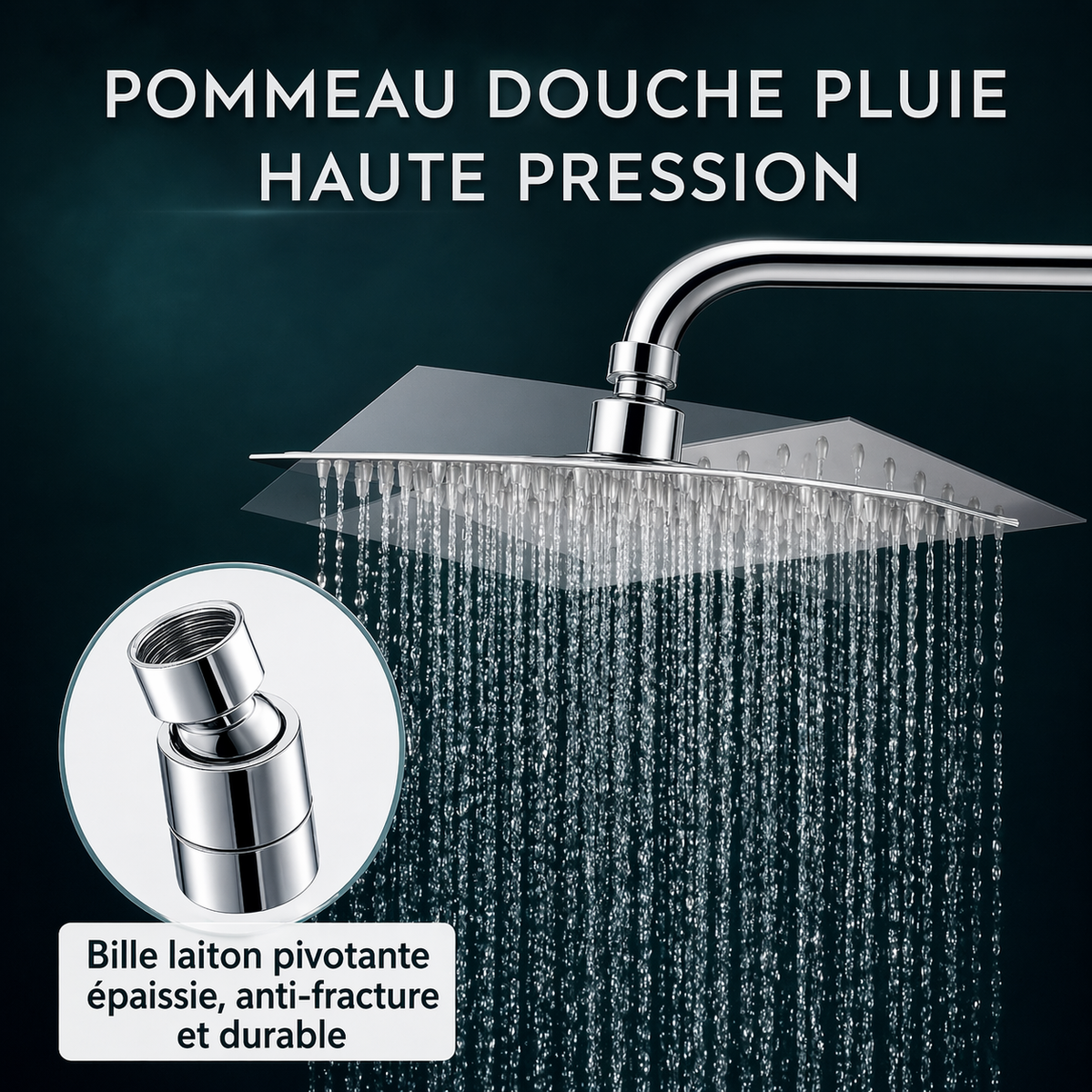 Tête de douche pluie carrée inox 20x20cm – 100 buses silicone