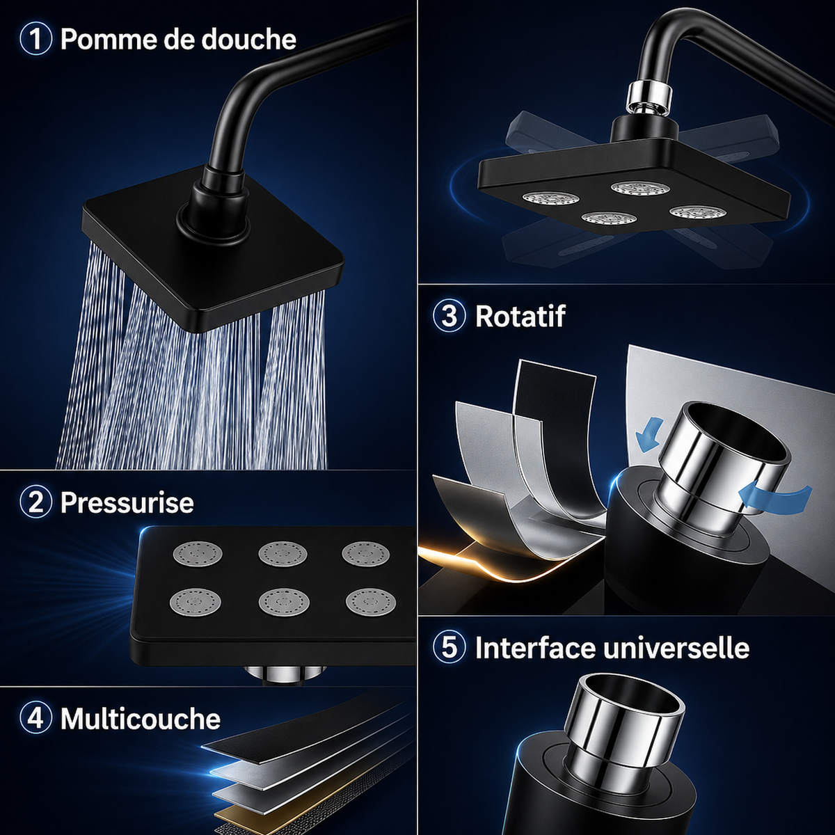 Pommeau de douche haute pression Nox – Jet fin & dense