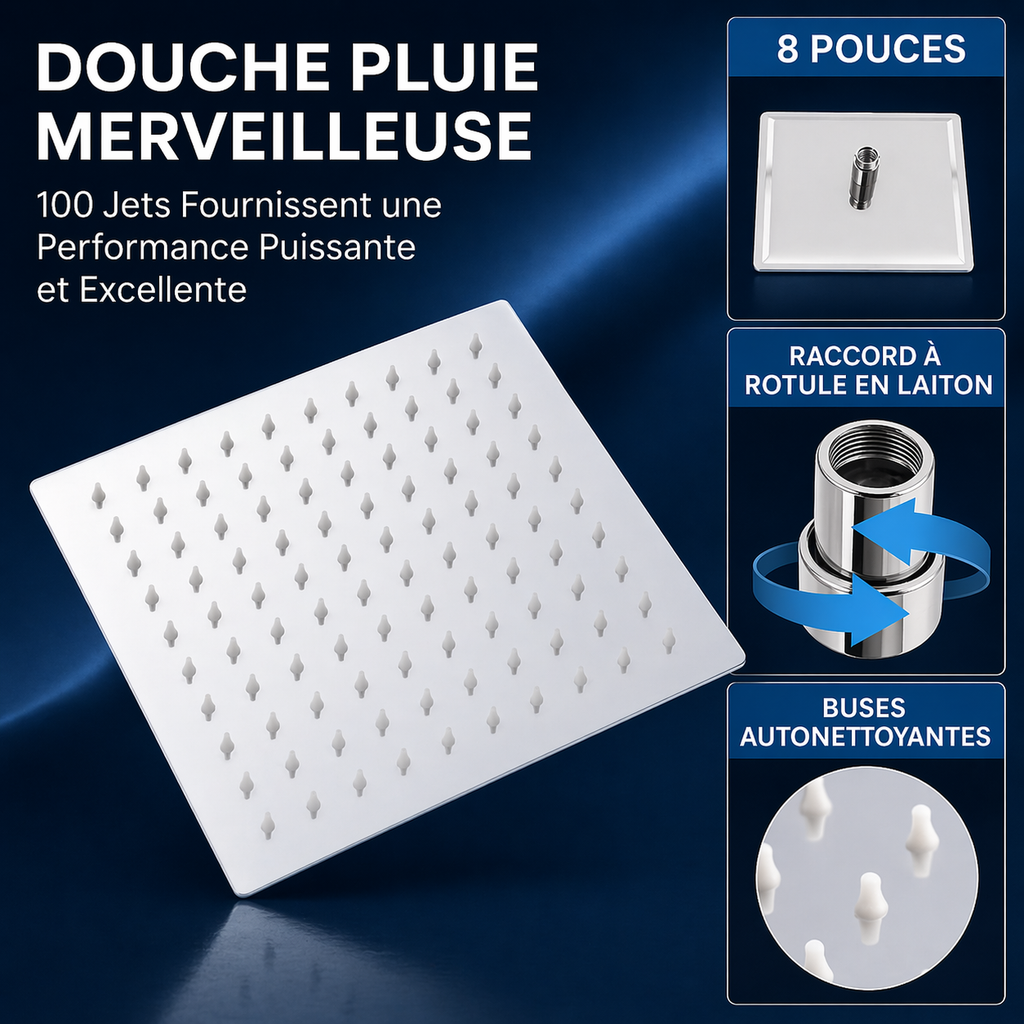 Tête de douche pluie carrée inox 20x20cm – 100 buses silicone
