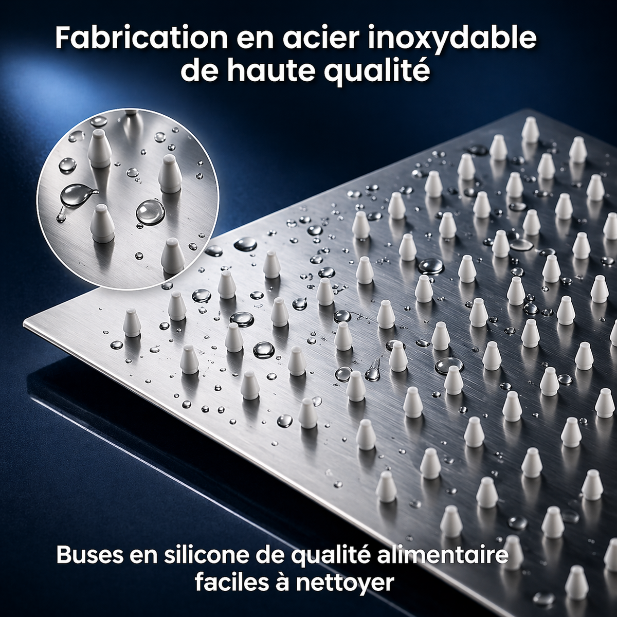 Tête de douche pluie carrée inox 20x20cm – 100 buses silicone